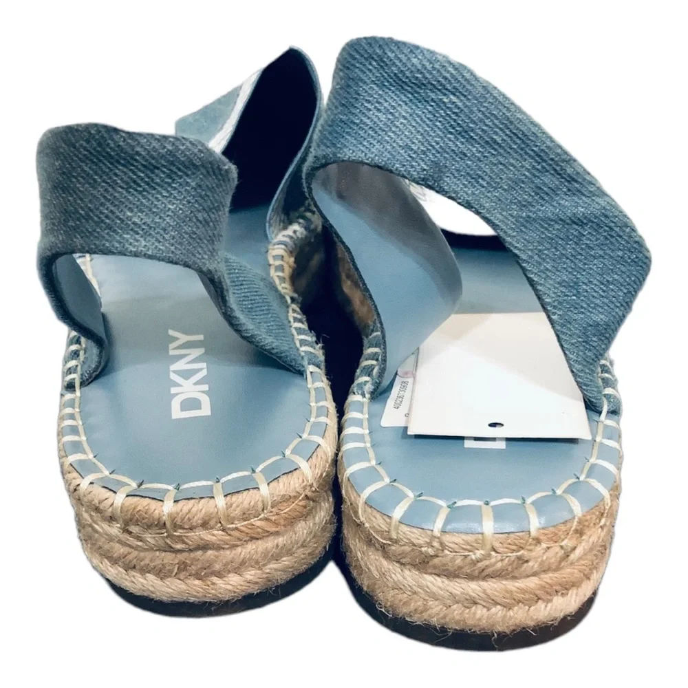DKNY Melanie Blue chambray anklestrap cap toe platform espadrilles shoes size 10